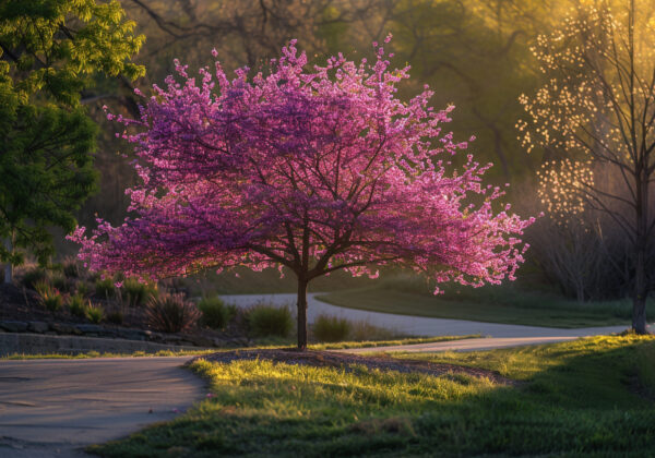 Western Redbud Tree Framed by Golden Hour Light in a Wide Garden nature background