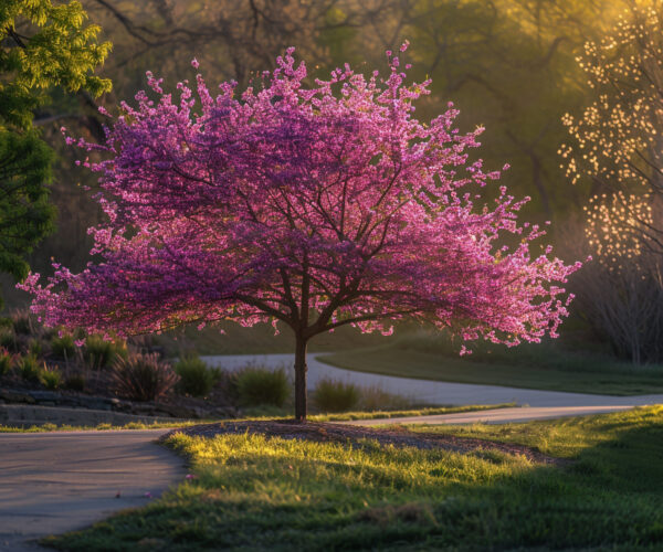 Western Redbud Tree Framed by Golden Hour Light in a Wide Garden nature background