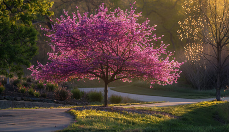 Western Redbud Tree Framed by Golden Hour Light in a Wide Garden nature background